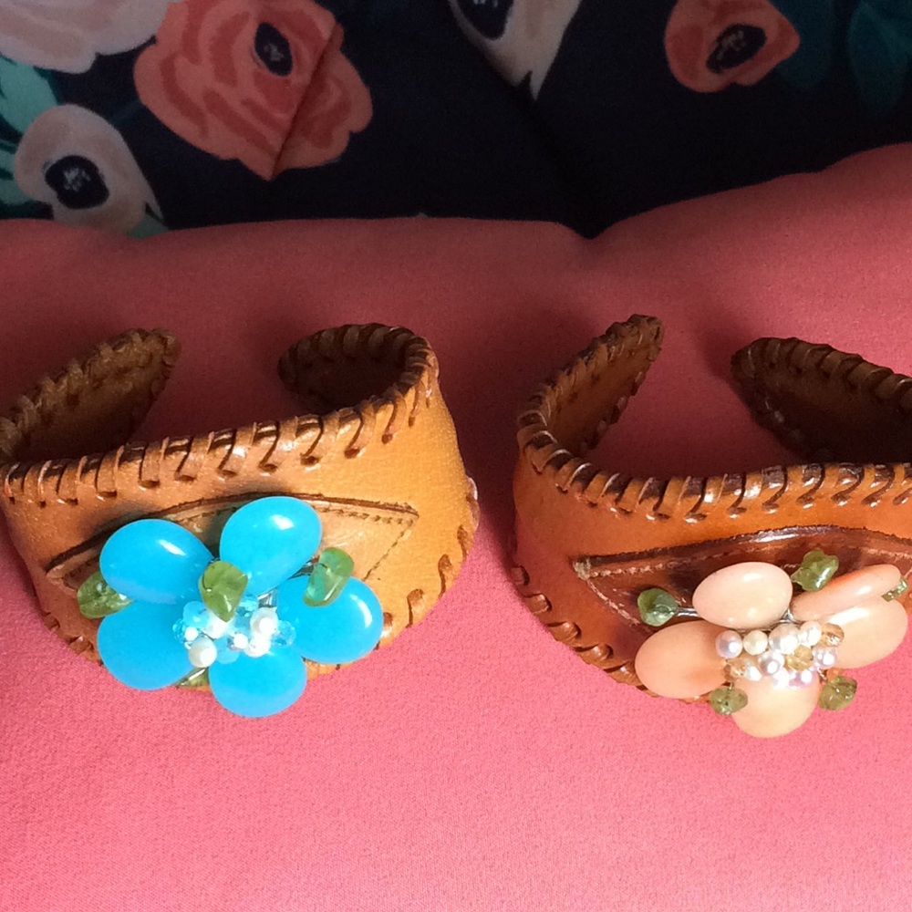 Flower Leather and Stone bendable Bracelets